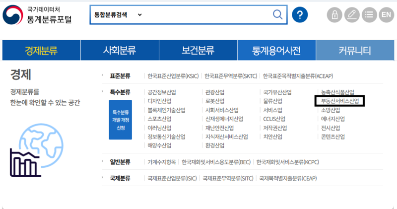 파일:(20251125 other) 통계분류포털 메뉴-경제분류-특수분류-부동산서비스산업.png